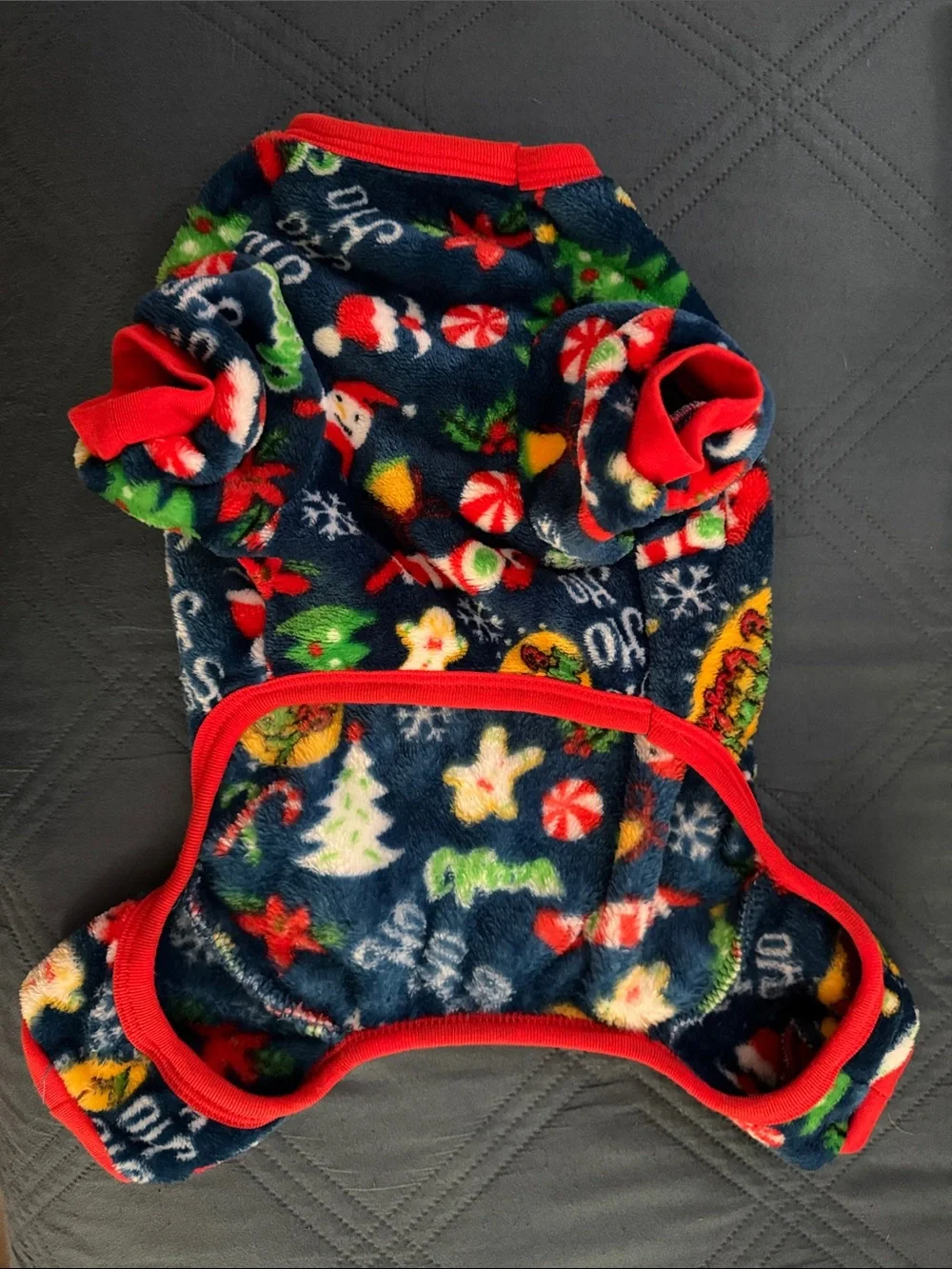 Festive Christmas Fleece Dog Pajamas with Red Trim